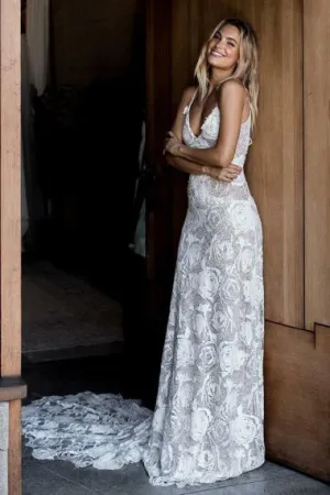 A-Line Spaghetti Straps Court Train Ivory Backless Lace Wedding Dress AHC591