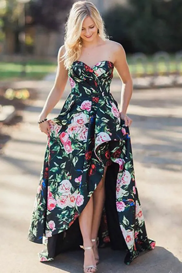 A-Line Sweetheart Sweep Train Black Printed Satin Sleeveless Split Prom Dress with Pockets LR80