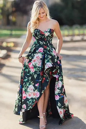 A-Line Sweetheart Sweep Train Black Printed Satin Sleeveless Split Prom Dress with Pockets LR80