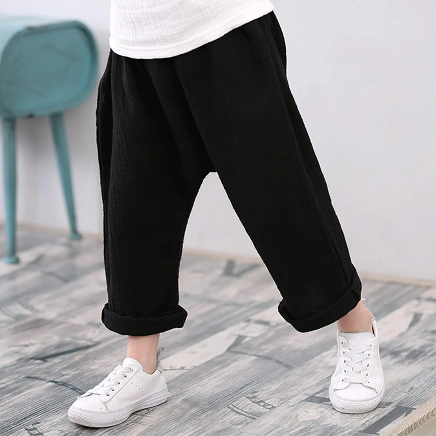 Baby Boys Cotton Pants Elastic Waist Pleated Solid Color Stretchy Harem Casual Loose Pants Baggy Soft Comfy Trousers