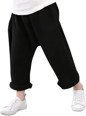 Baby Boys Cotton Pants Elastic Waist Pleated Solid Color Stretchy Harem Casual Loose Pants Baggy Soft Comfy Trousers