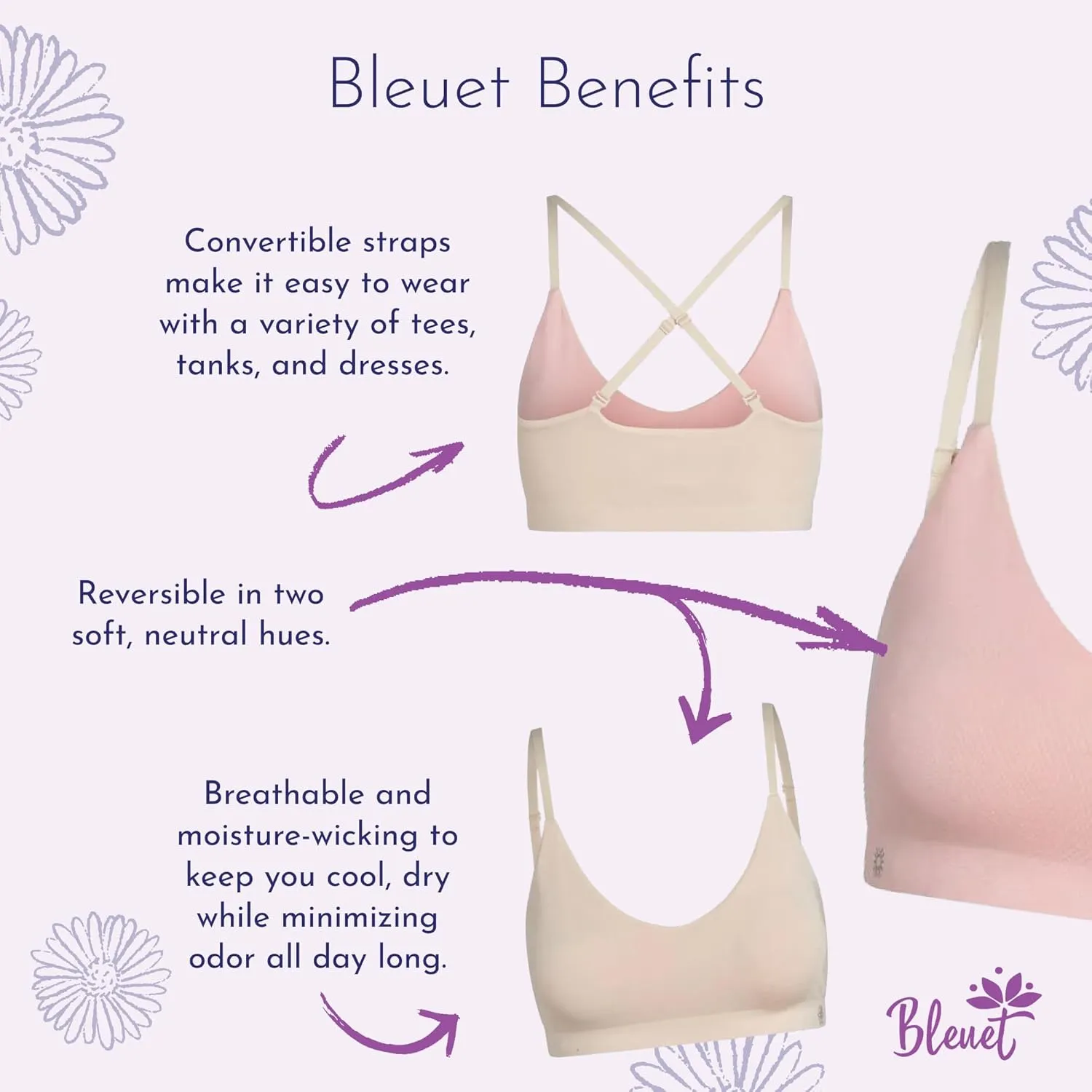 Bleuet Chloe V-Neck | Teens & Tweens Seamless Bra, Reversible, Adjustable, Dual-Layer, Wireless, Breathable, Everyday Bra