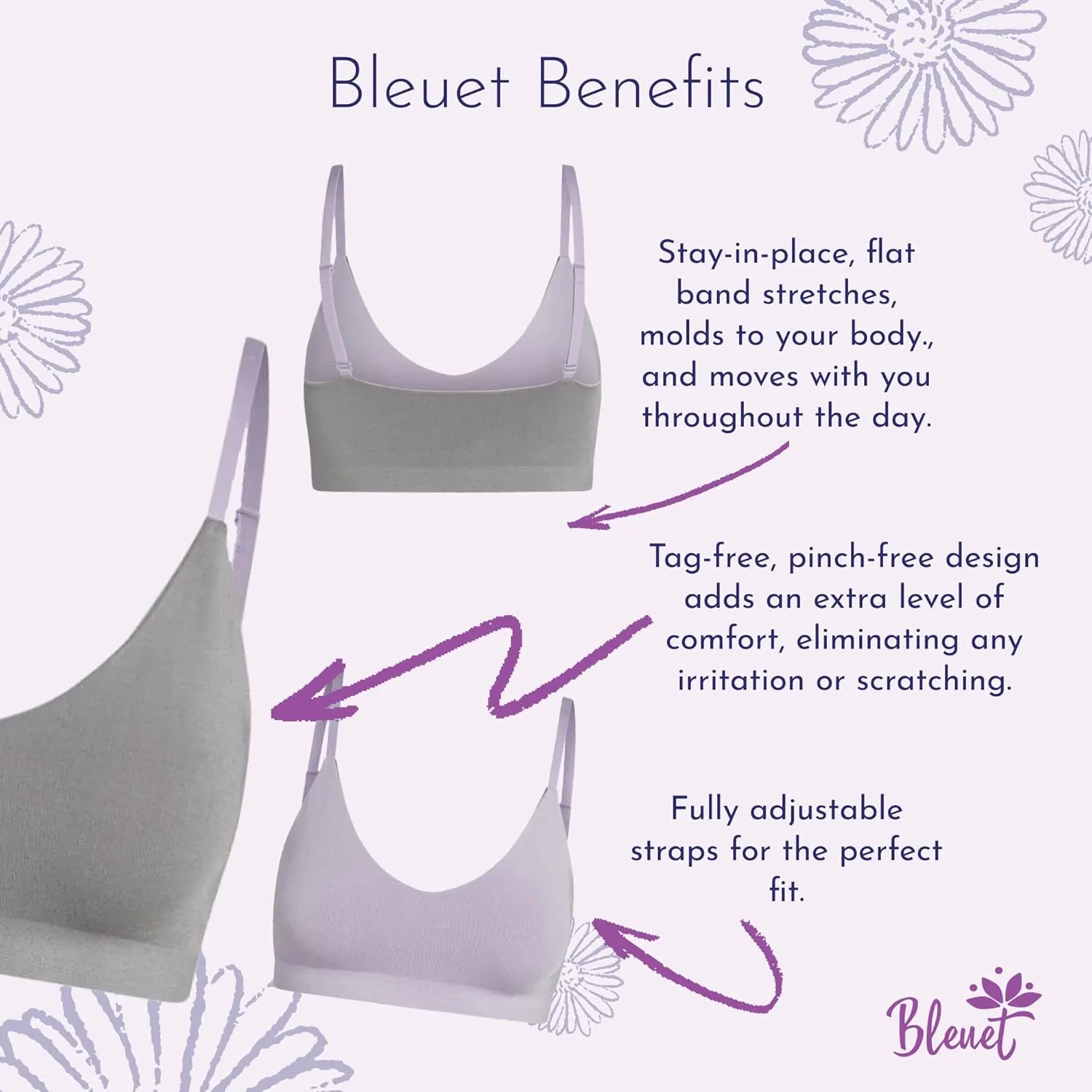 Bleuet Chloe V-Neck | Teens & Tweens Seamless Bra, Reversible, Adjustable, Dual-Layer, Wireless, Breathable, Everyday Bra