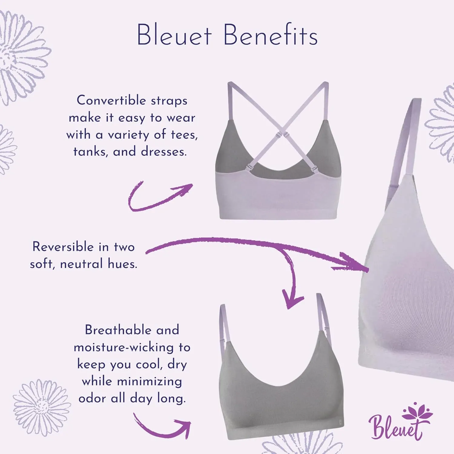 Bleuet Chloe V-Neck | Teens & Tweens Seamless Bra, Reversible, Adjustable, Dual-Layer, Wireless, Breathable, Everyday Bra