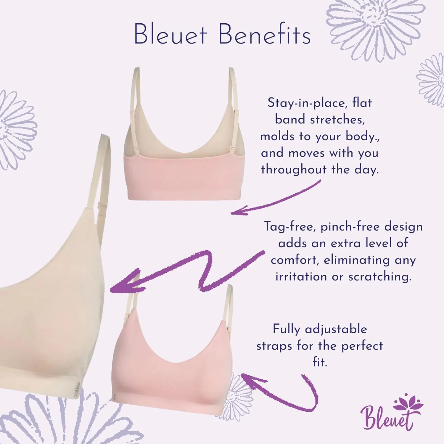 Bleuet Chloe V-Neck | Teens & Tweens Seamless Bra, Reversible, Adjustable, Dual-Layer, Wireless, Breathable, Everyday Bra