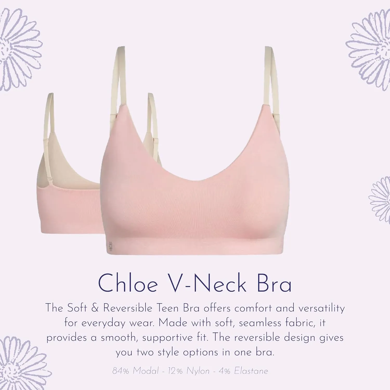 Bleuet Chloe V-Neck | Teens & Tweens Seamless Bra, Reversible, Adjustable, Dual-Layer, Wireless, Breathable, Everyday Bra