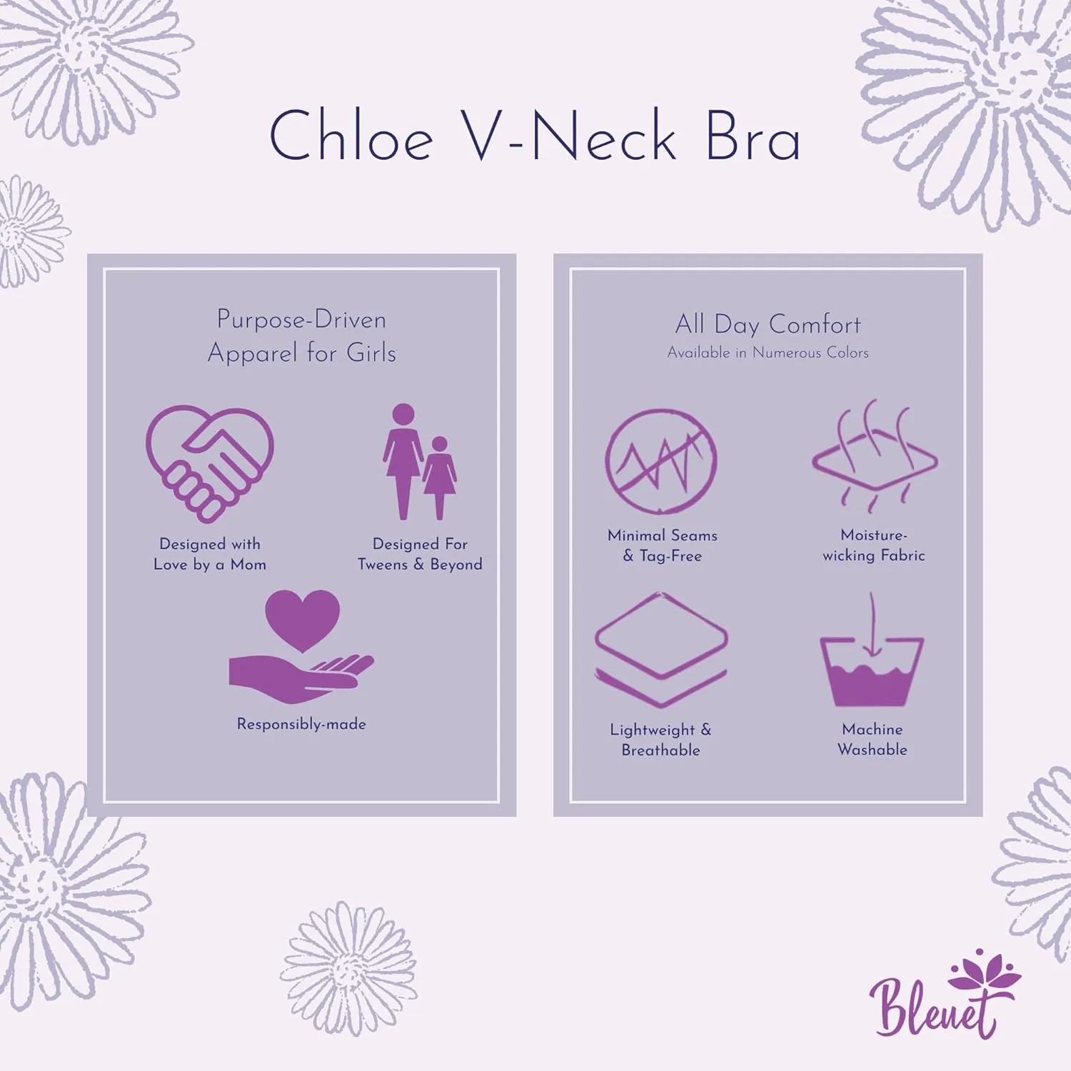 Bleuet Chloe V-Neck | Teens & Tweens Seamless Bra, Reversible, Adjustable, Dual-Layer, Wireless, Breathable, Everyday Bra