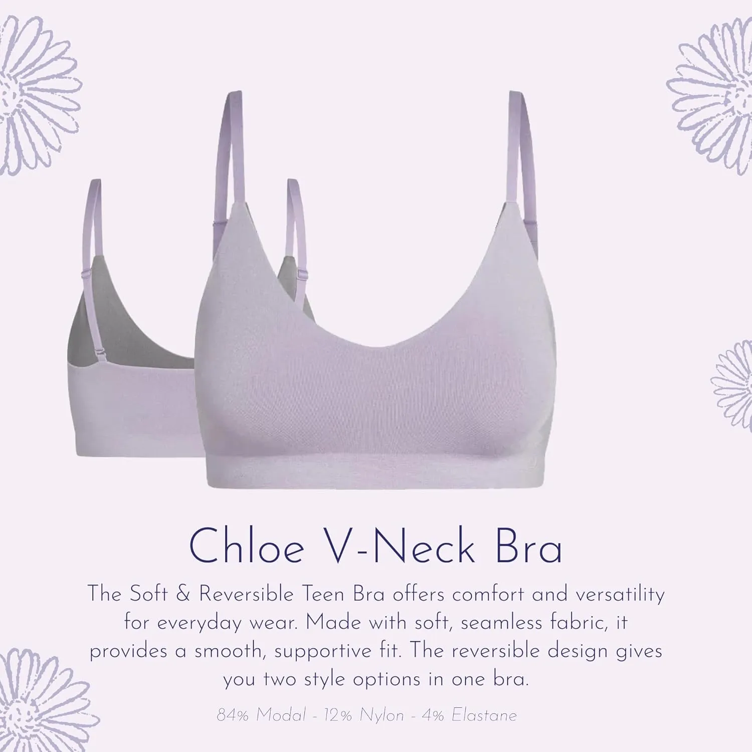 Bleuet Chloe V-Neck | Teens & Tweens Seamless Bra, Reversible, Adjustable, Dual-Layer, Wireless, Breathable, Everyday Bra