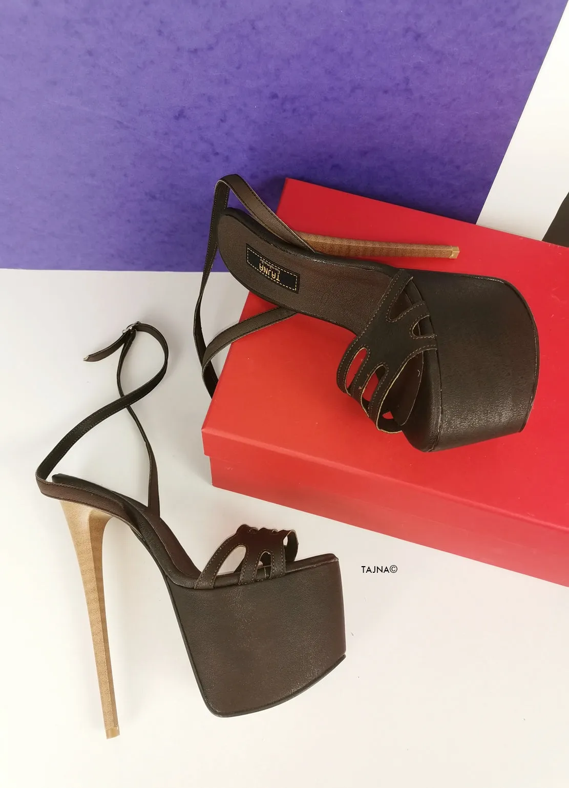 Brown Laser Strap Platform Heel Sandals