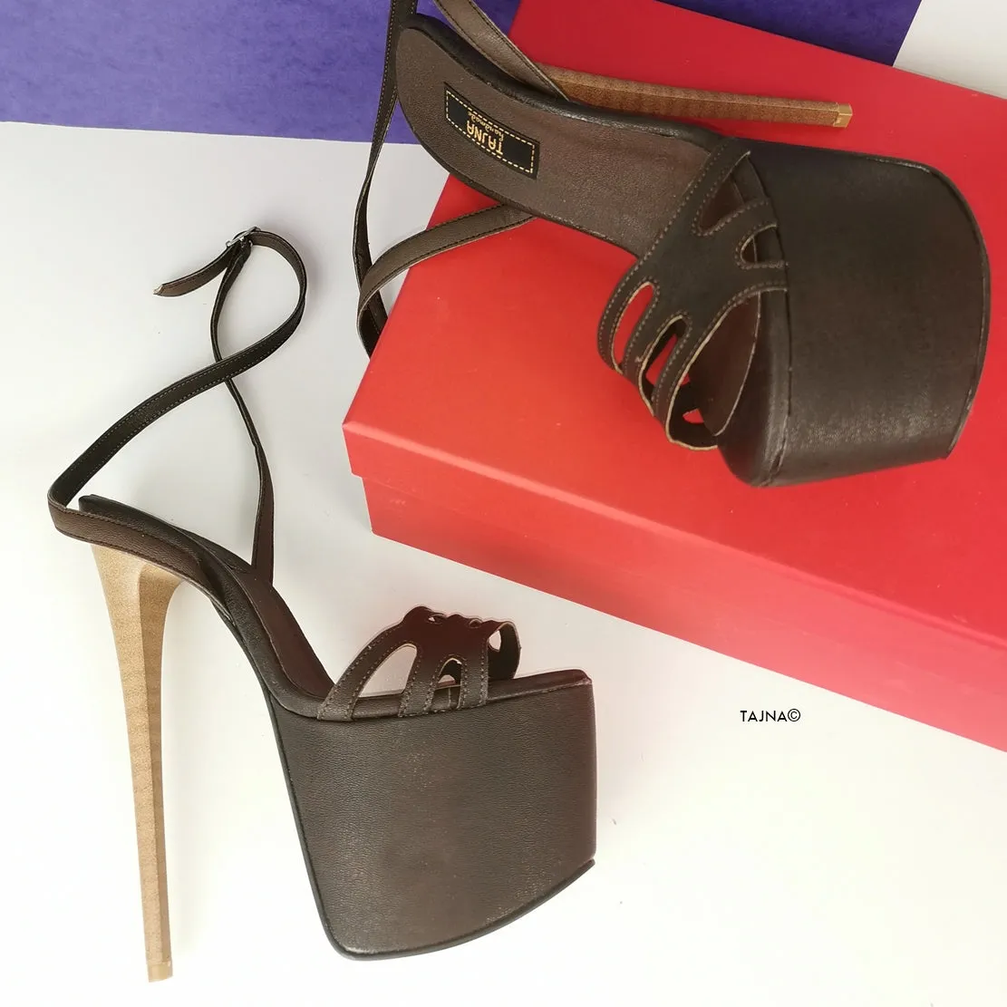 Brown Laser Strap Platform Heel Sandals