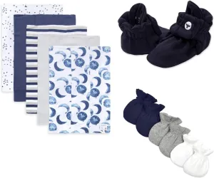 Bundle of Burt's Bees Baby - Burp Cloths, 5-Pack   Baby Boys Booties, Organic Cotton Adjustable Infant Shoes Slipper Sock   Baby Unisex Baby Mittens, Set of 3 Gloves, Midnight