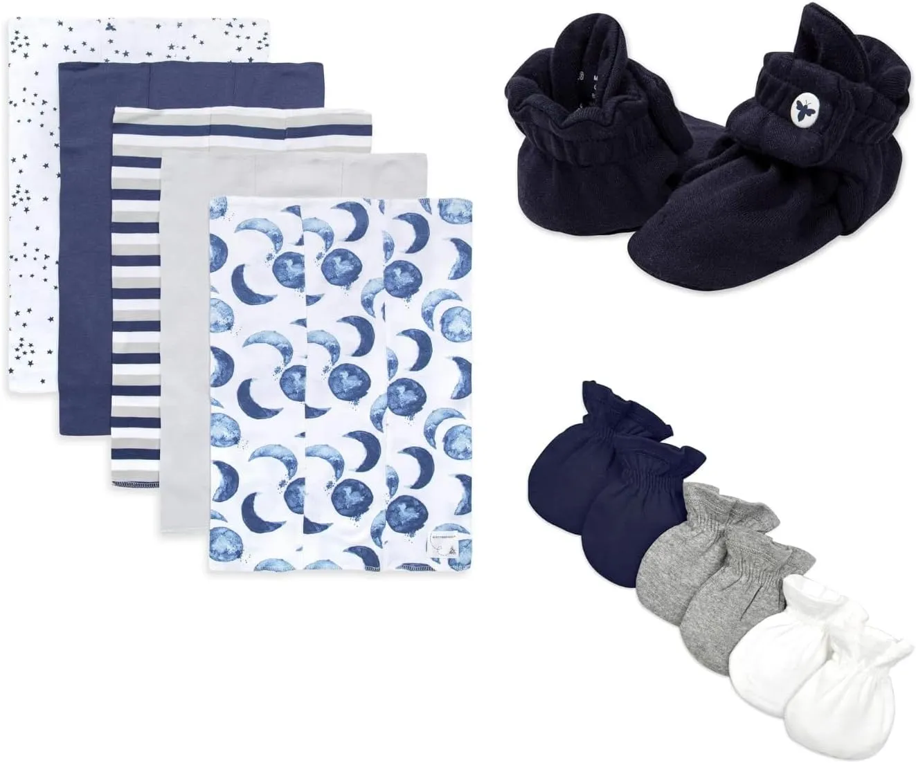 Bundle of Burt's Bees Baby - Burp Cloths, 5-Pack   Baby Boys Booties, Organic Cotton Adjustable Infant Shoes Slipper Sock   Baby Unisex Baby Mittens, Set of 3 Gloves, Midnight