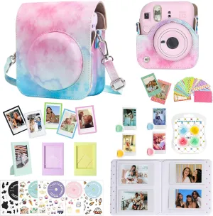 CAIYOULE Accessories for Fuji Instax Mini 12 Camera, Accessory Bundle Include PU Leather 12 Case, Mini Picture Album, Frames, DIY Stickers, Color Filter (No Camera) - Blue Pink Watercolor