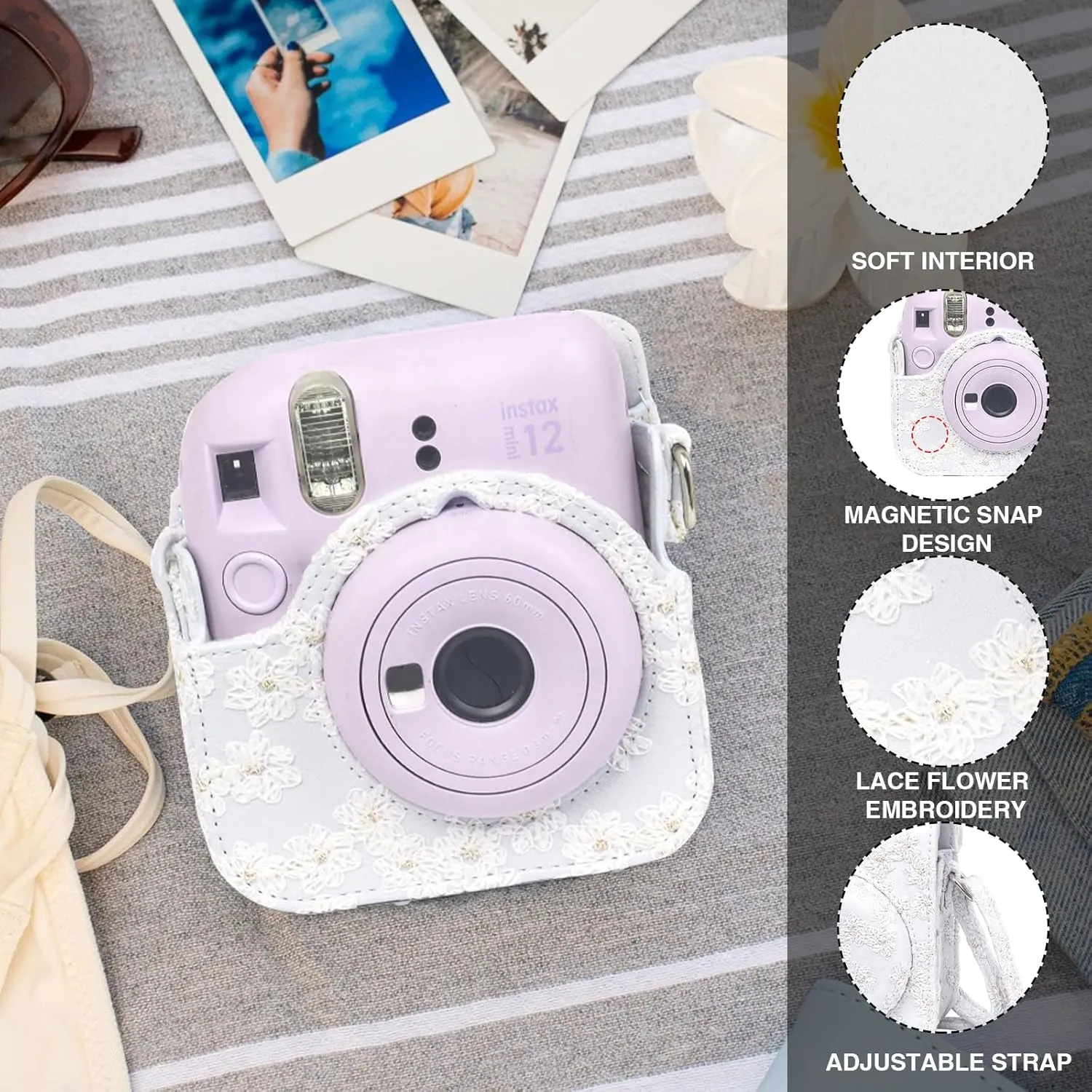 Camera Case Mini 12 Protective Case for Polaroid Fujifilm Instax Mini 12 Case, Lace Flower Cover with 64 Pocket Mini Photo Album, Adjustable Strap and 20 DIY Stickers (No Camera) - White