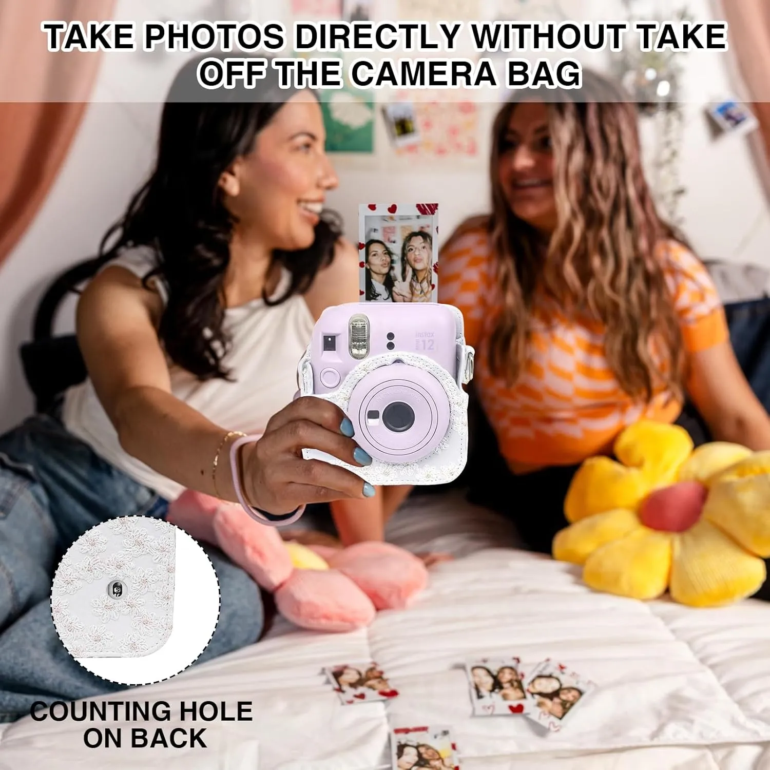 Camera Case Mini 12 Protective Case for Polaroid Fujifilm Instax Mini 12 Case, Lace Flower Cover with 64 Pocket Mini Photo Album, Adjustable Strap and 20 DIY Stickers (No Camera) - White