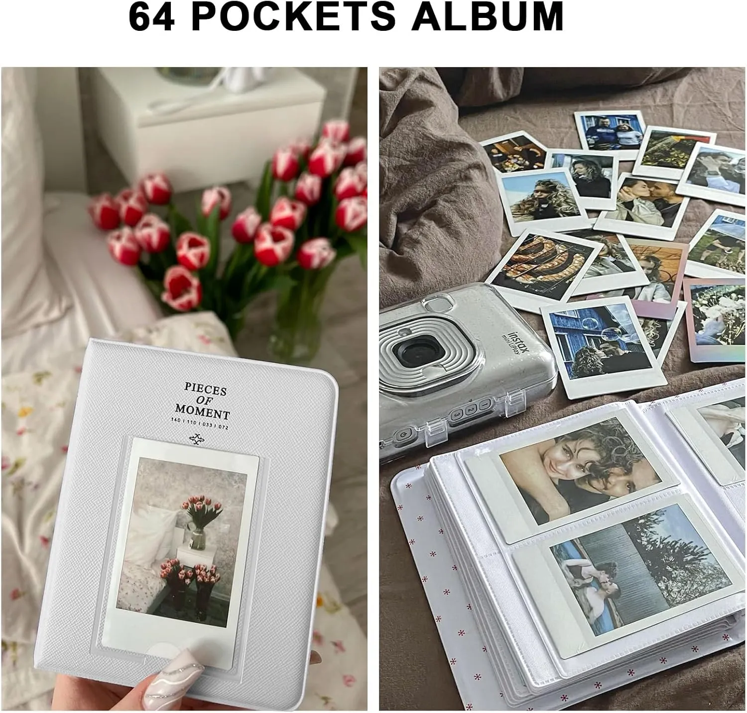Camera Case Mini 12 Protective Case for Polaroid Fujifilm Instax Mini 12 Case, Lace Flower Cover with 64 Pocket Mini Photo Album, Adjustable Strap and 20 DIY Stickers (No Camera) - White