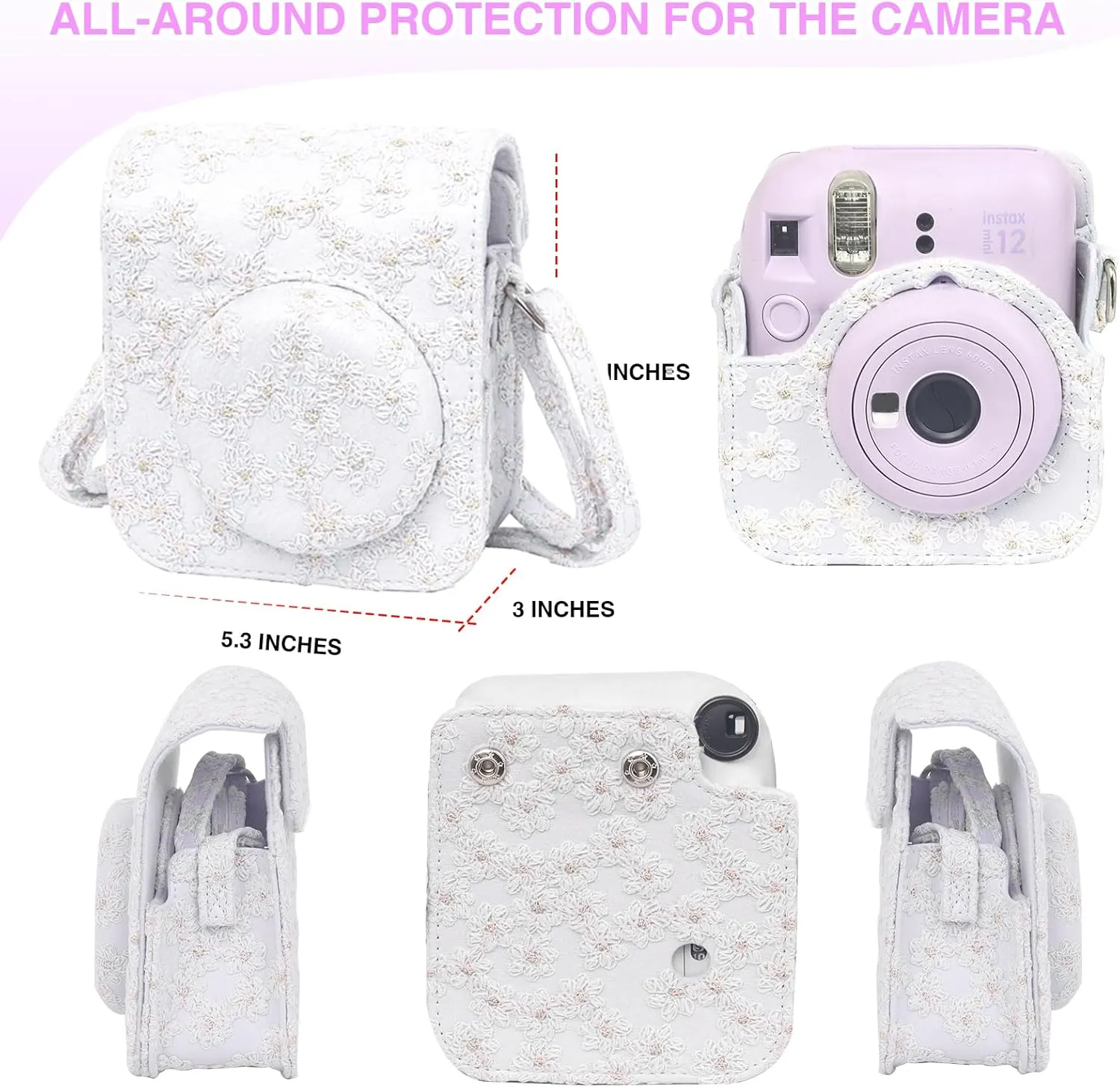 Camera Case Mini 12 Protective Case for Polaroid Fujifilm Instax Mini 12 Case, Lace Flower Cover with 64 Pocket Mini Photo Album, Adjustable Strap and 20 DIY Stickers (No Camera) - White