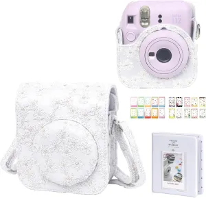 Camera Case Mini 12 Protective Case for Polaroid Fujifilm Instax Mini 12 Case, Lace Flower Cover with 64 Pocket Mini Photo Album, Adjustable Strap and 20 DIY Stickers (No Camera) - White