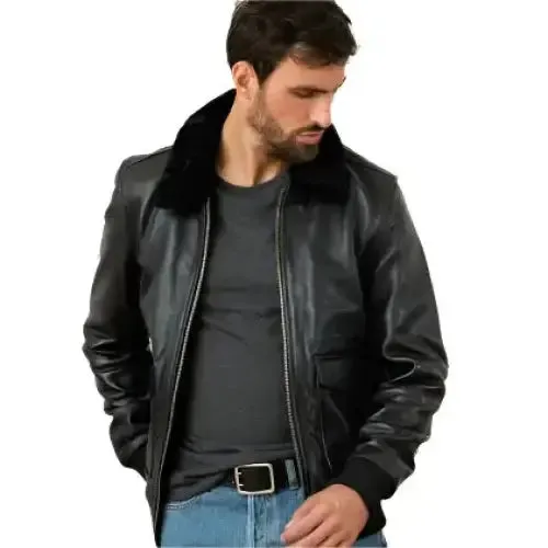 Classic Black Cowhide Leather Bomber Jacket – Timeless & Durable