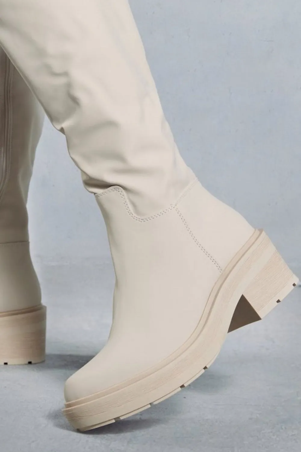 Cream PU Knee High Heeled Biker Boot