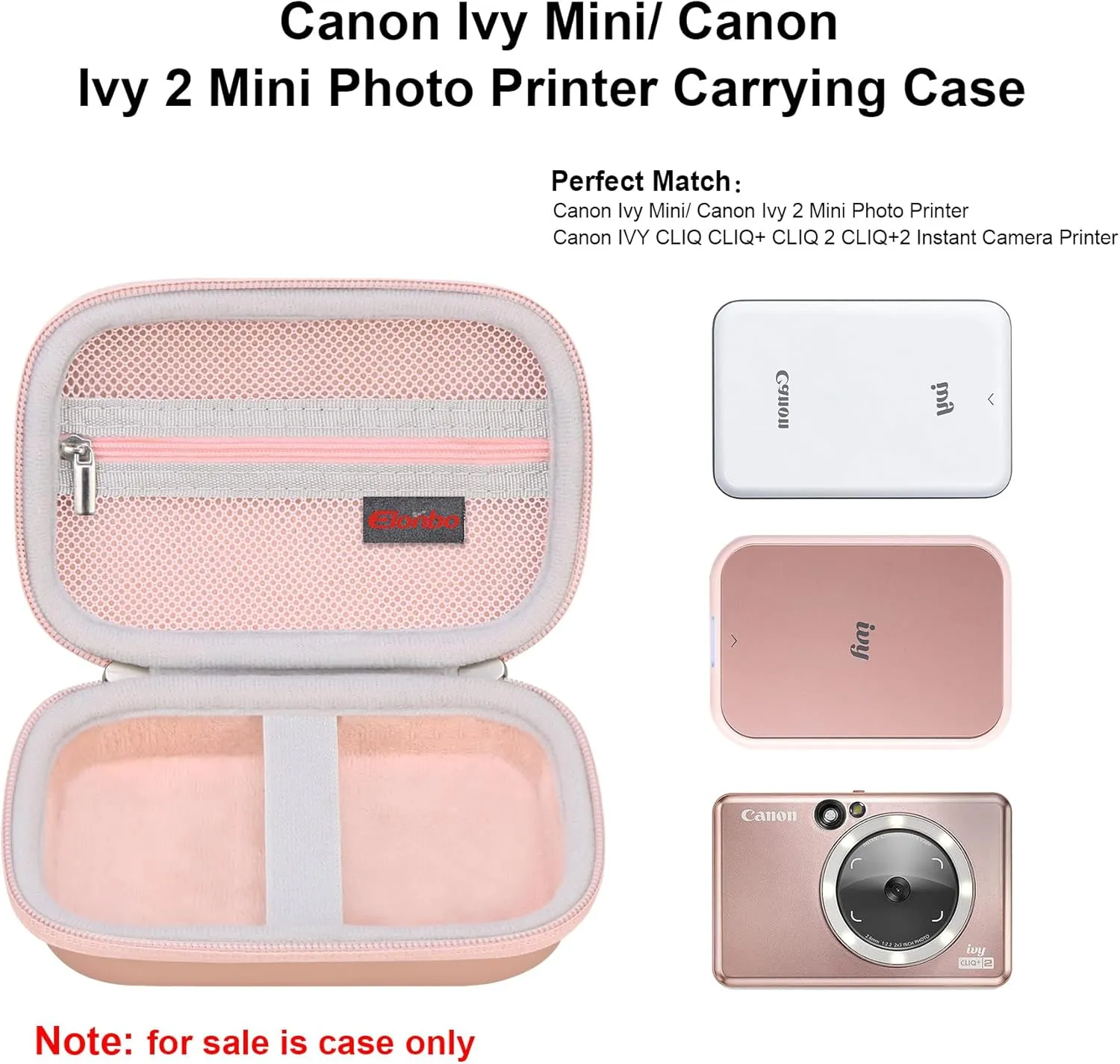 Elonbo Carrying Case for Canon Ivy 2 Mini/Canon Ivy Mini Photo Printer, Portable Bluetooth Instant Camera Printer Storage Holder Trave Bag, Mesh Bag fits Photo Paper Cable, Rose Gold