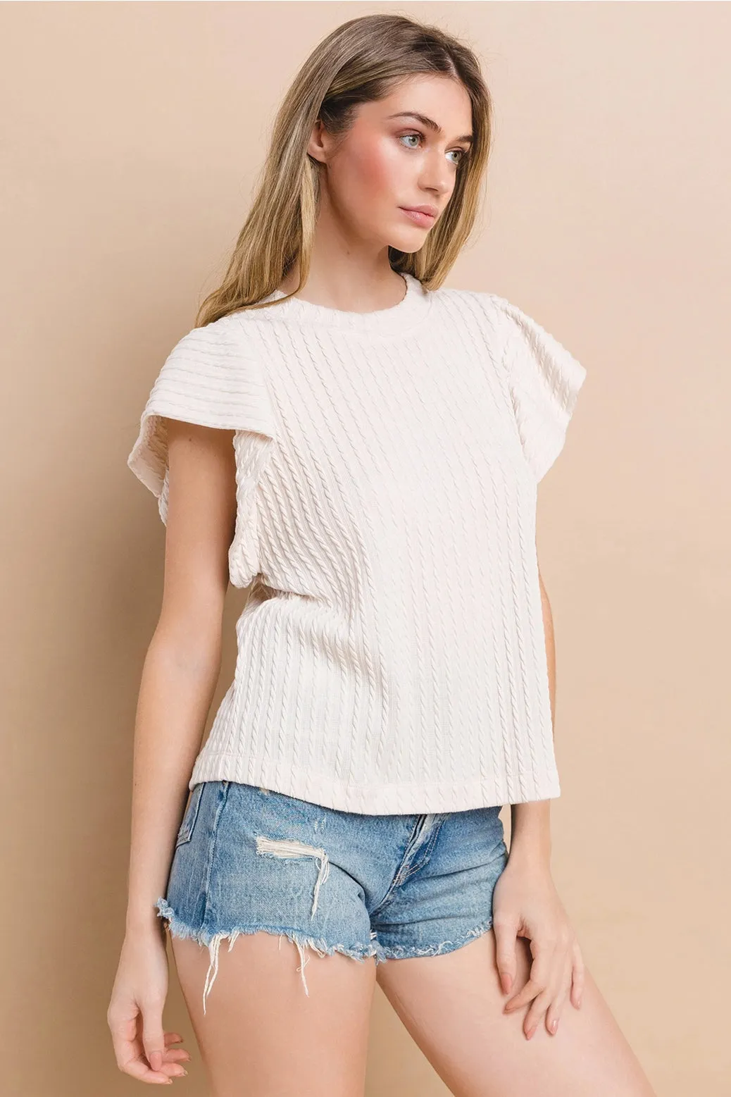 Flutter Sleeve Top Ivory Textured Knit