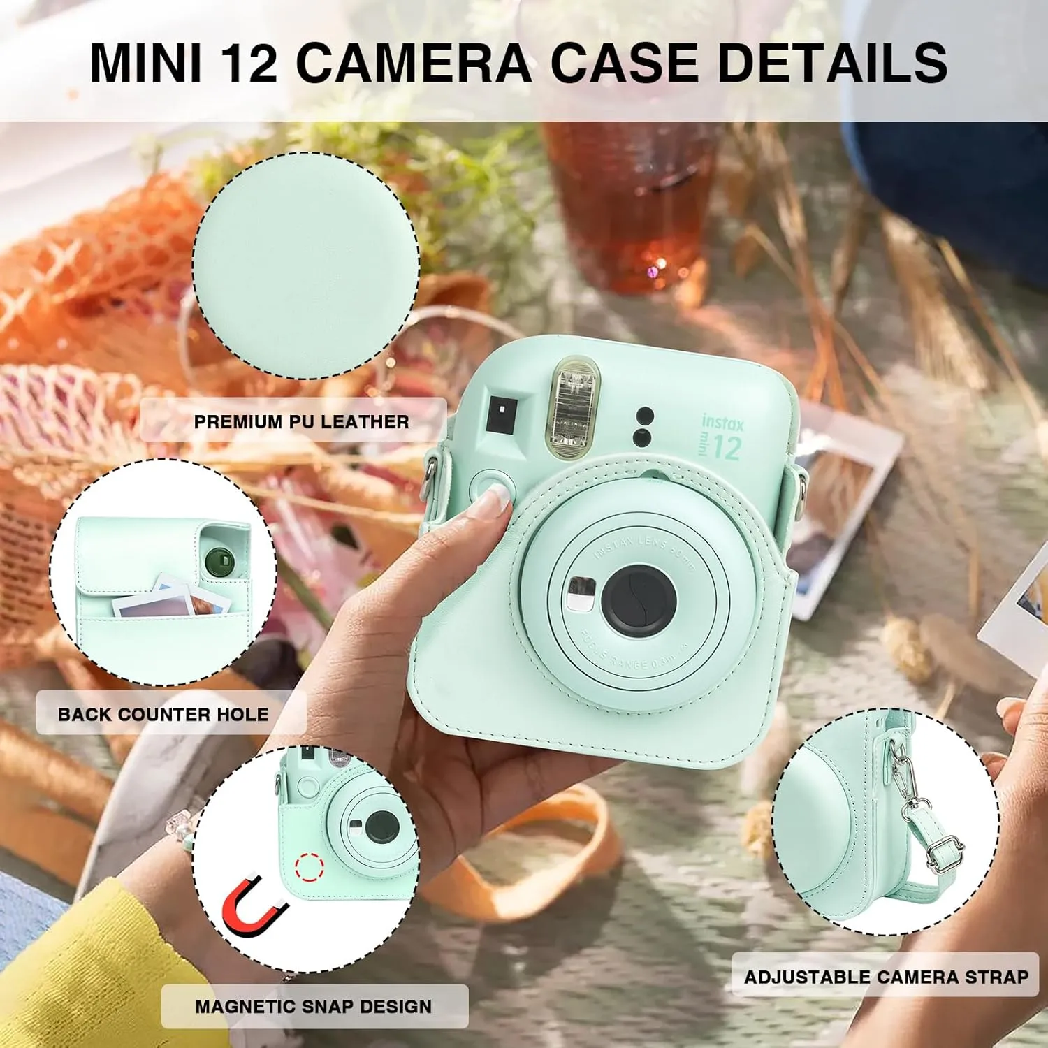 Fujifilm Instax Mini 12 Protective Case, PU Leather Bag with Magnetic Closure and Back Pocket, 64 Mini Photo Album and Adjustable Shoulder Strap (Green)