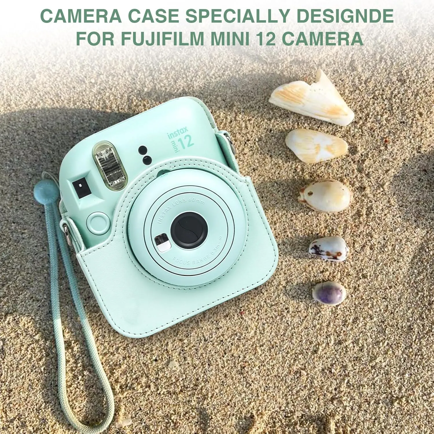 Fujifilm Instax Mini 12 Protective Case, PU Leather Bag with Magnetic Closure and Back Pocket, 64 Mini Photo Album and Adjustable Shoulder Strap (Green)