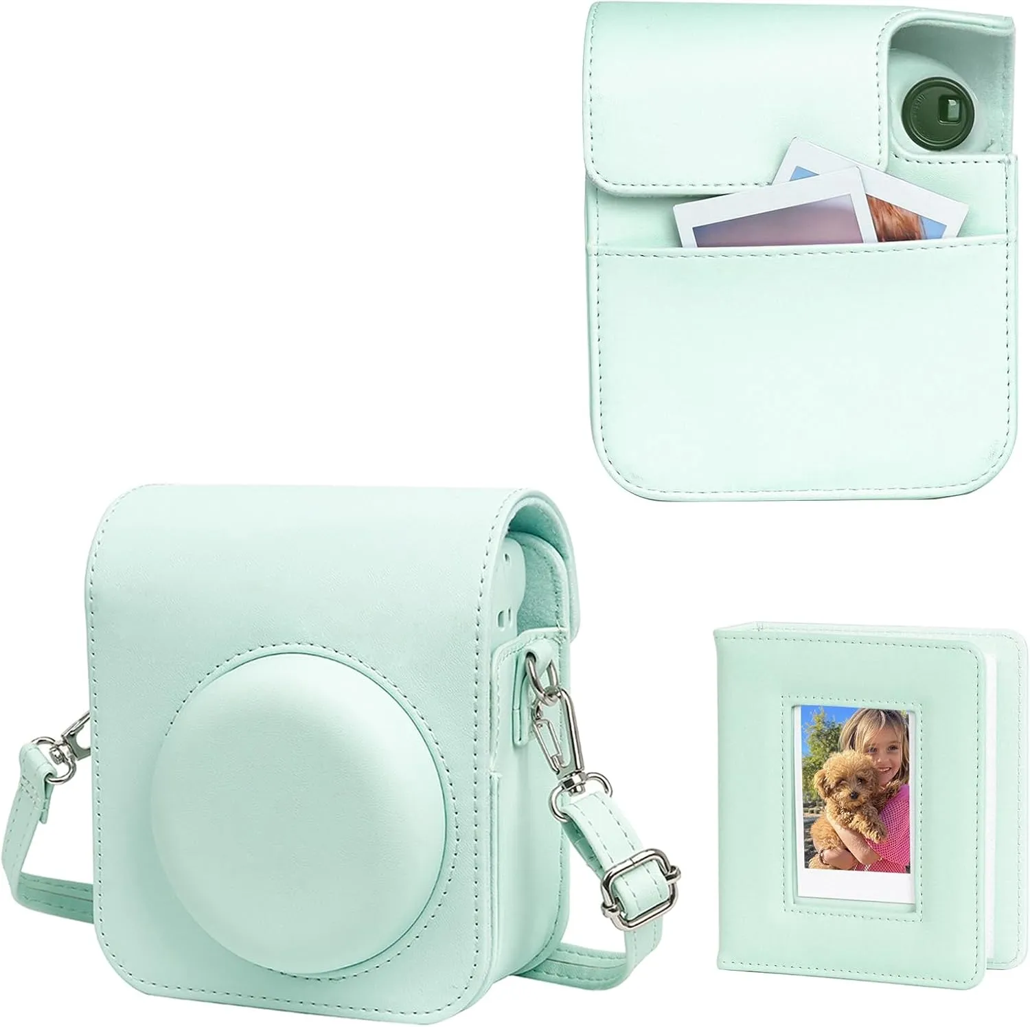Fujifilm Instax Mini 12 Protective Case, PU Leather Bag with Magnetic Closure and Back Pocket, 64 Mini Photo Album and Adjustable Shoulder Strap (Green)