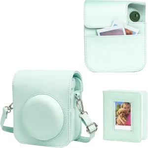 Fujifilm Instax Mini 12 Protective Case, PU Leather Bag with Magnetic Closure and Back Pocket, 64 Mini Photo Album and Adjustable Shoulder Strap (Green)