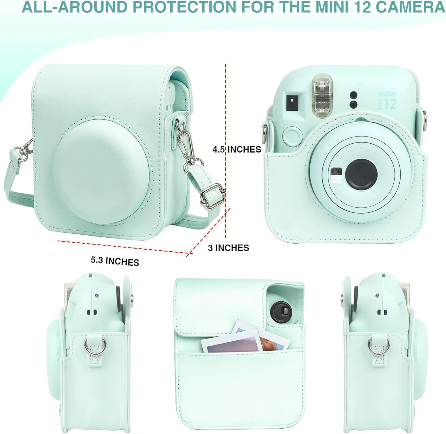 Fujifilm Instax Mini 12 Protective Case, PU Leather Bag with Magnetic Closure and Back Pocket, 64 Mini Photo Album and Adjustable Shoulder Strap (Green)