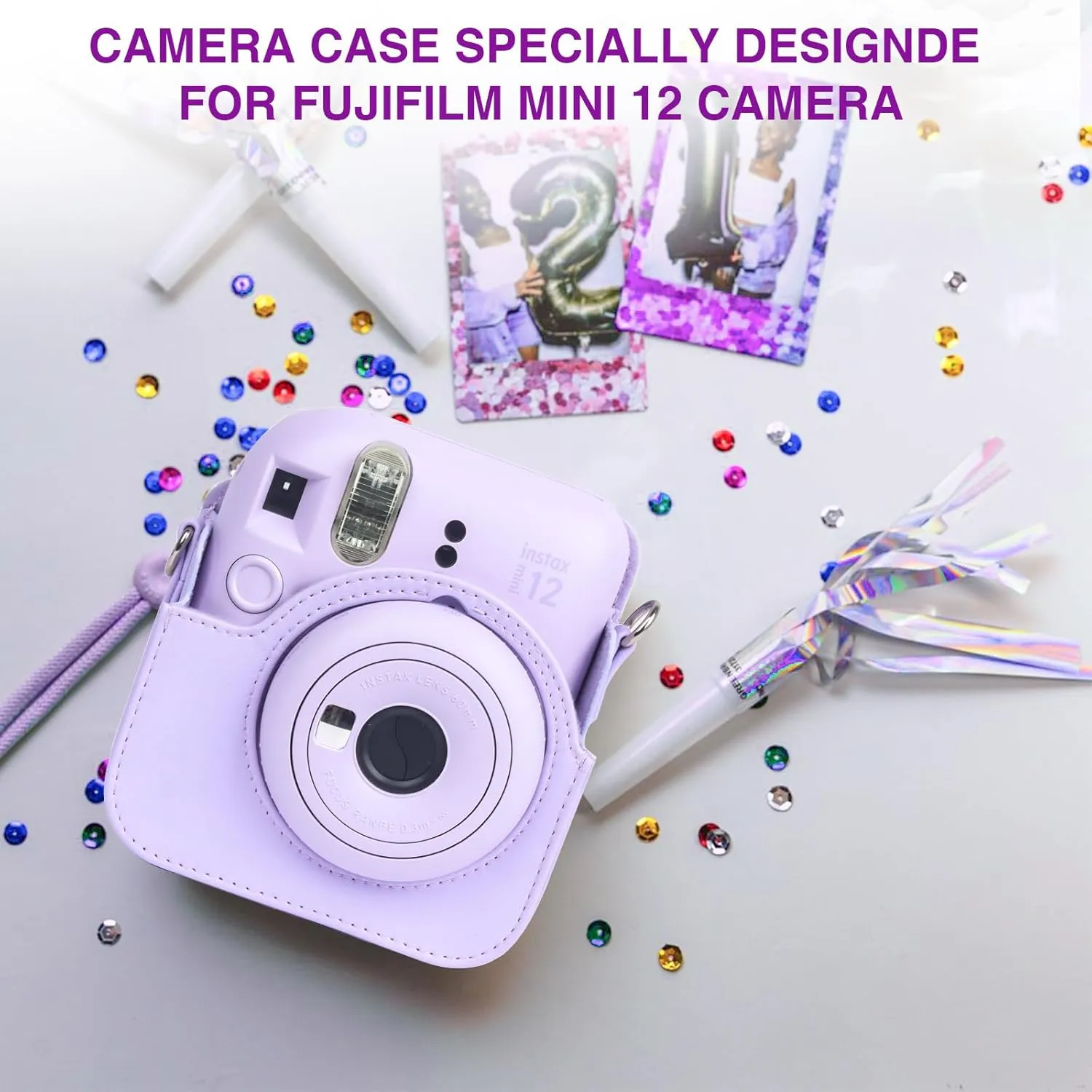 Fujifilm Instax Mini 12 Protective Case, PU Leather Bag with Magnetic Closure and Back Pocket, 64 Mini Photo Album and Adjustable Shoulder Strap (Purple)