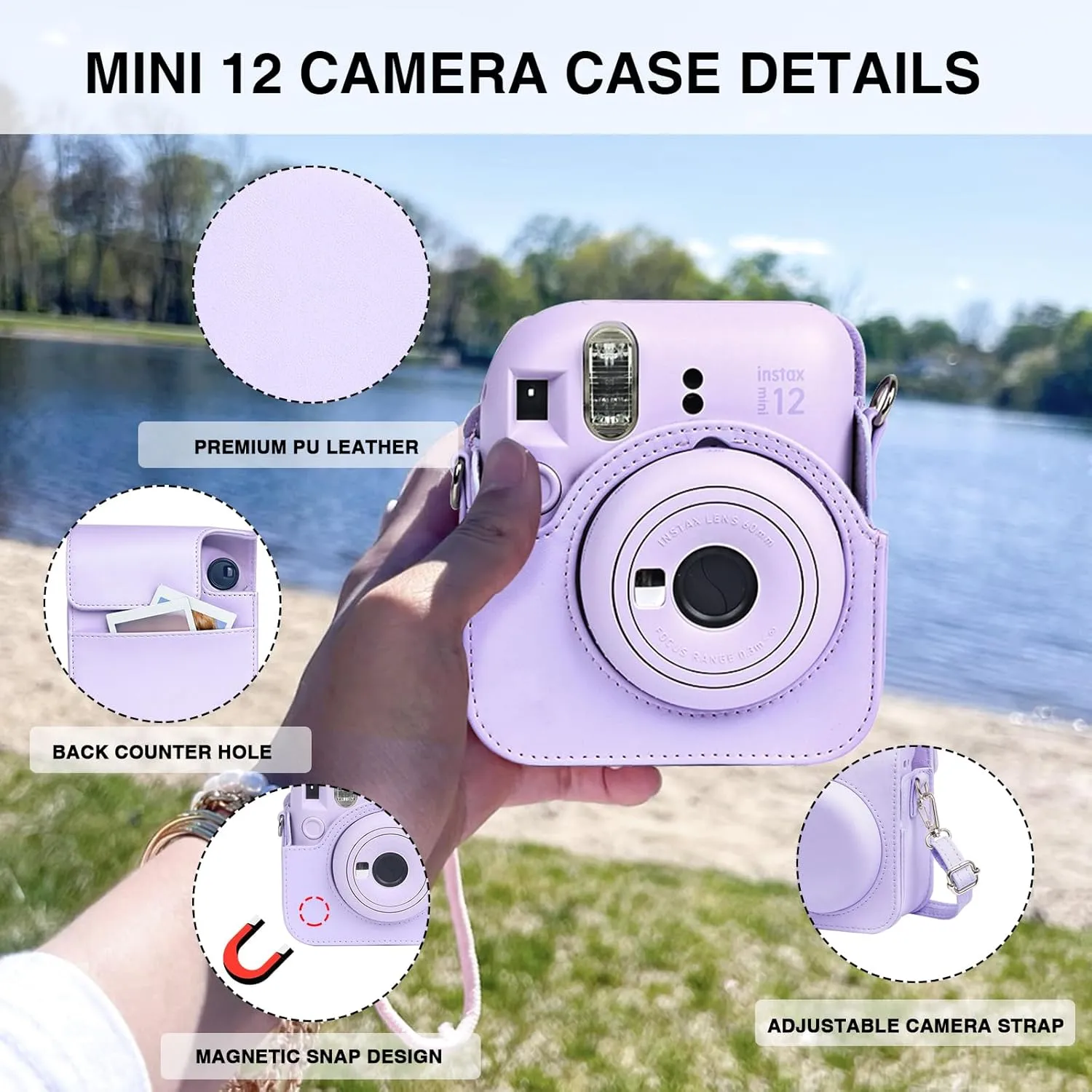 Fujifilm Instax Mini 12 Protective Case, PU Leather Bag with Magnetic Closure and Back Pocket, 64 Mini Photo Album and Adjustable Shoulder Strap (Purple)