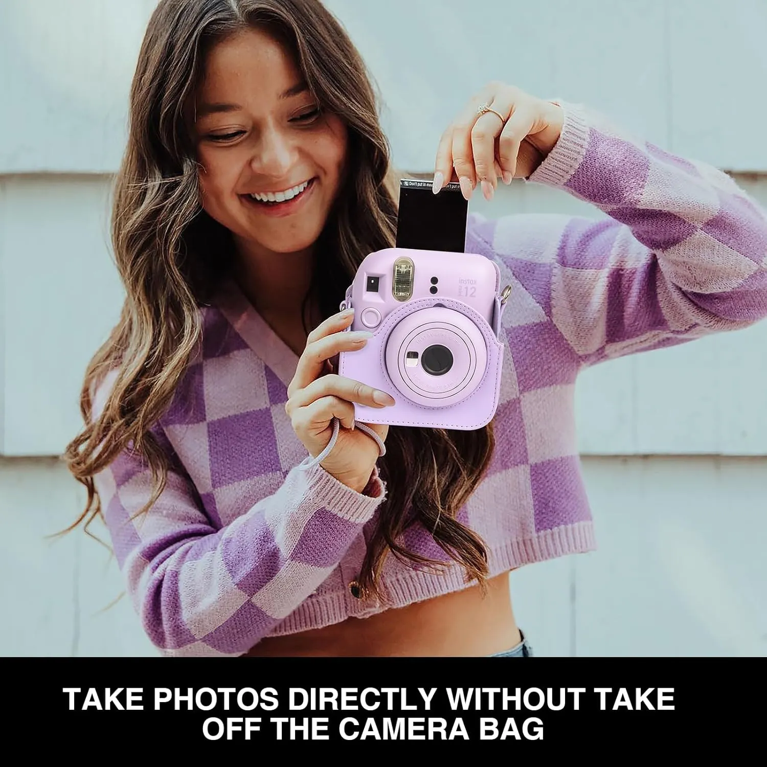 Fujifilm Instax Mini 12 Protective Case, PU Leather Bag with Magnetic Closure and Back Pocket, 64 Mini Photo Album and Adjustable Shoulder Strap (Purple)