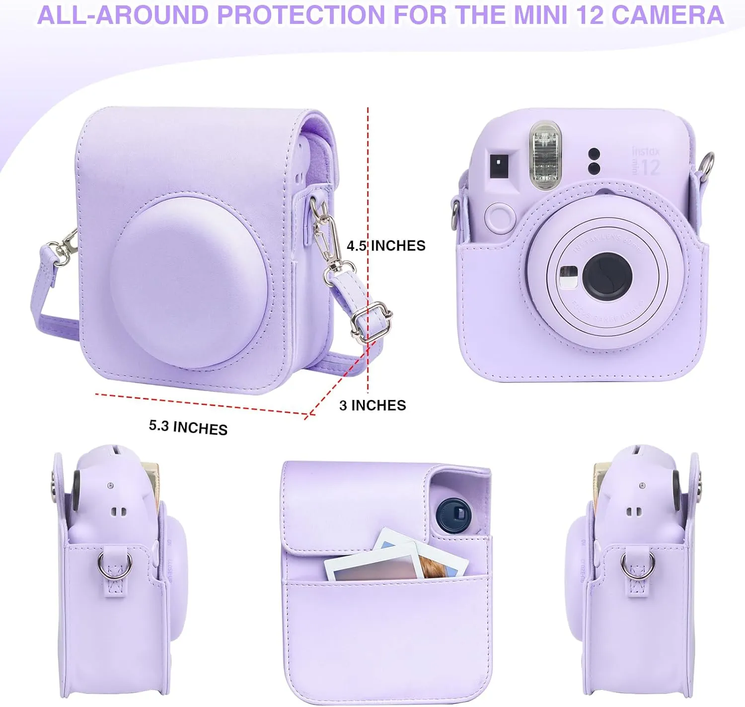 Fujifilm Instax Mini 12 Protective Case, PU Leather Bag with Magnetic Closure and Back Pocket, 64 Mini Photo Album and Adjustable Shoulder Strap (Purple)