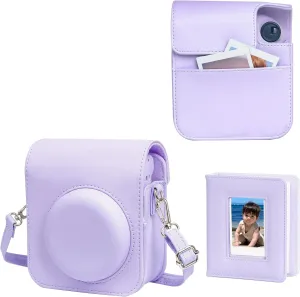 Fujifilm Instax Mini 12 Protective Case, PU Leather Bag with Magnetic Closure and Back Pocket, 64 Mini Photo Album and Adjustable Shoulder Strap (Purple)