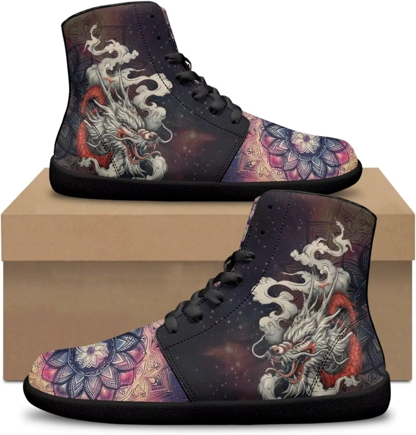 Howilath High Top Sneakers for Men PU Leather Minimalist Barefoot Shoes Zero Drop Sole Trail Running Sneakers