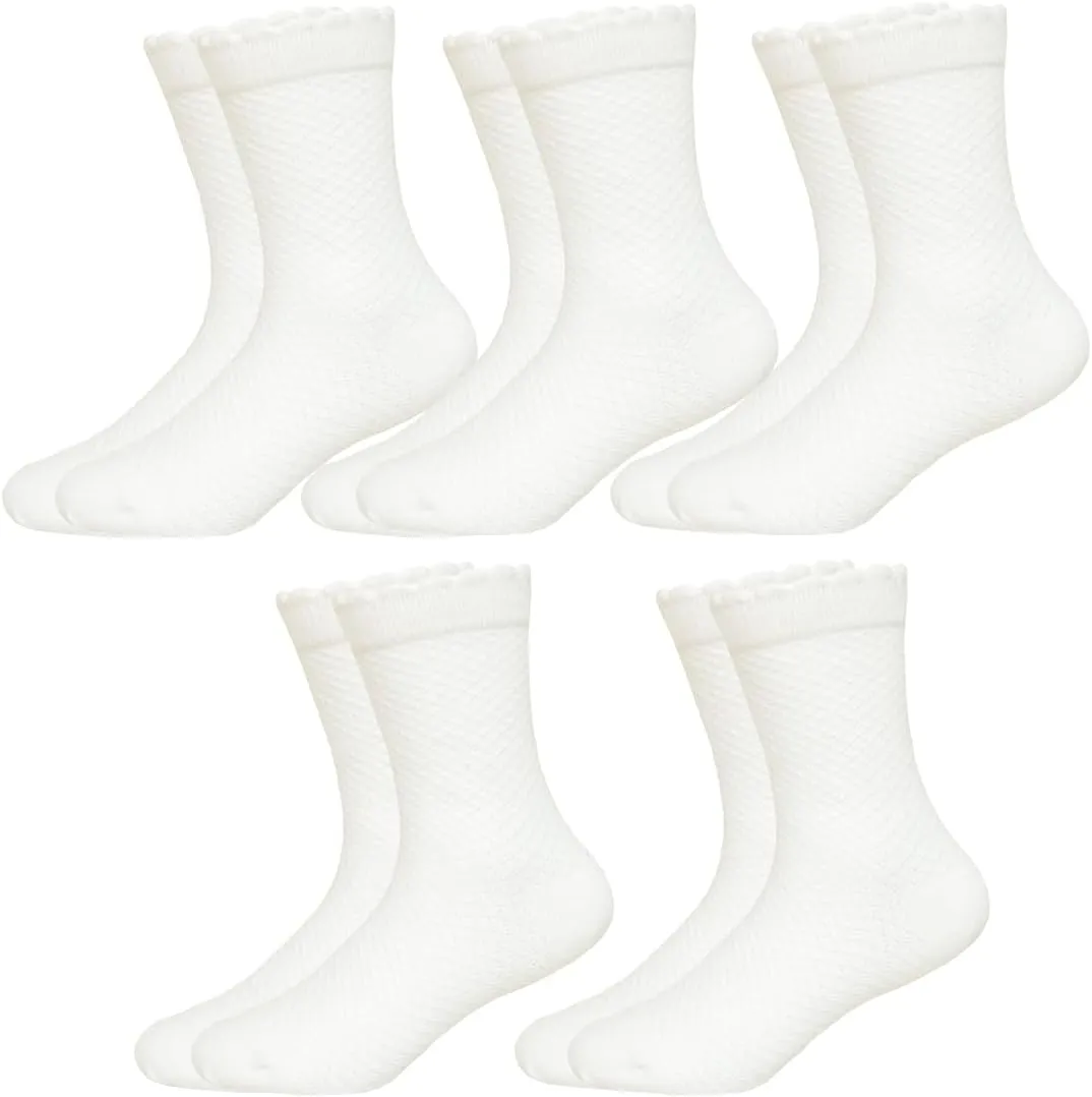 Hzcojulo Girls Kids School Uniform Cotton Crew Ruffle Frilly White Dress Socks -5 Pairs