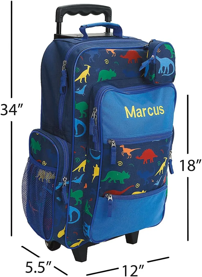 Lillian Vernon Personalized Rolling Luggage for Kids, 5-Pocket Dinosaur Suitcase Set With Clip-On Pouch, Customizable Boys Travel Carrier on Wheels, 6W x 15.5L x 23H