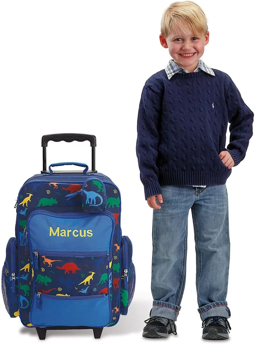 Lillian Vernon Personalized Rolling Luggage for Kids, 5-Pocket Dinosaur Suitcase Set With Clip-On Pouch, Customizable Boys Travel Carrier on Wheels, 6W x 15.5L x 23H