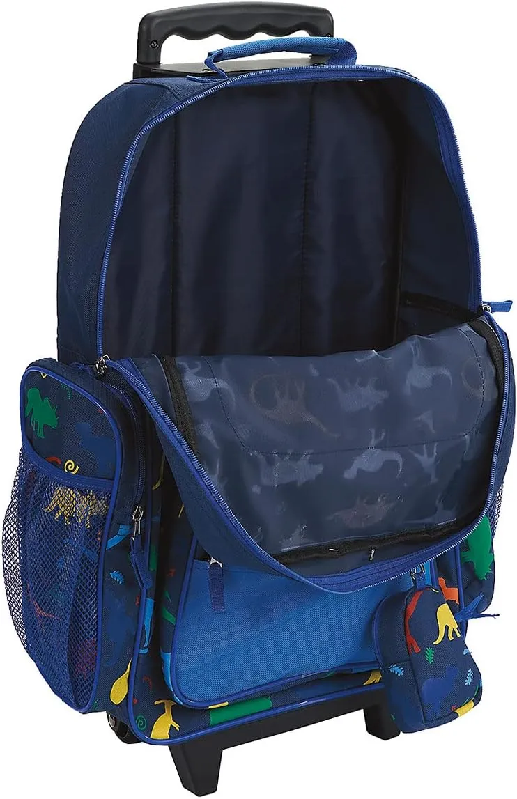 Lillian Vernon Personalized Rolling Luggage for Kids, 5-Pocket Dinosaur Suitcase Set With Clip-On Pouch, Customizable Boys Travel Carrier on Wheels, 6W x 15.5L x 23H