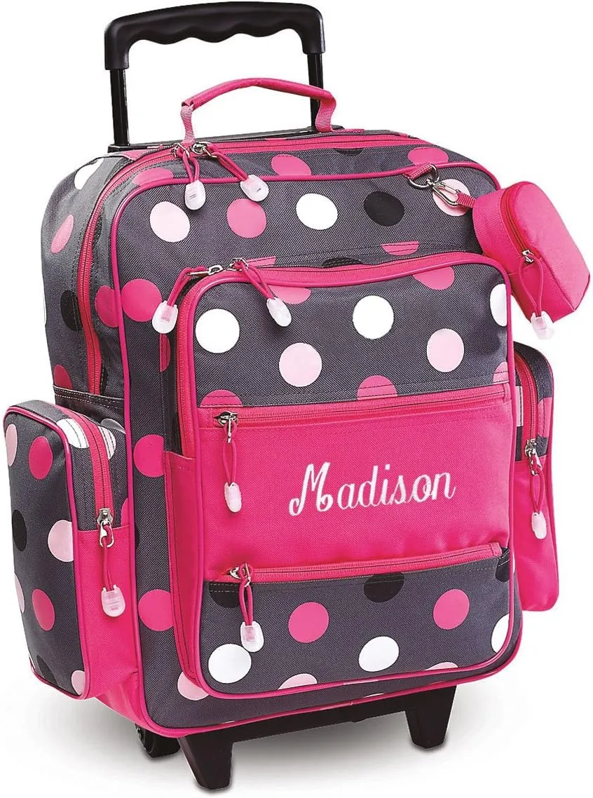 Lillian Vernon Personalized Rolling Luggage for Kids, 5-Pocket Grey Multi-Dots Design Suitcase Set With Clip-On Pouch, Customizable Girls Travel Carrier on Wheels, 20" H x 12" L x 5" W