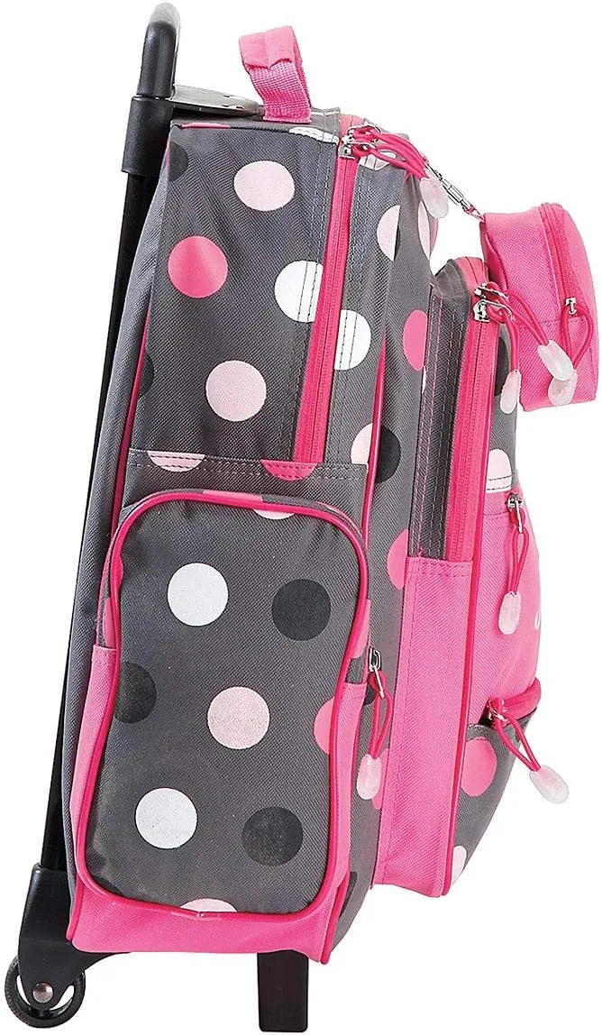 Lillian Vernon Personalized Rolling Luggage for Kids, 5-Pocket Grey Multi-Dots Design Suitcase Set With Clip-On Pouch, Customizable Girls Travel Carrier on Wheels, 20" H x 12" L x 5" W