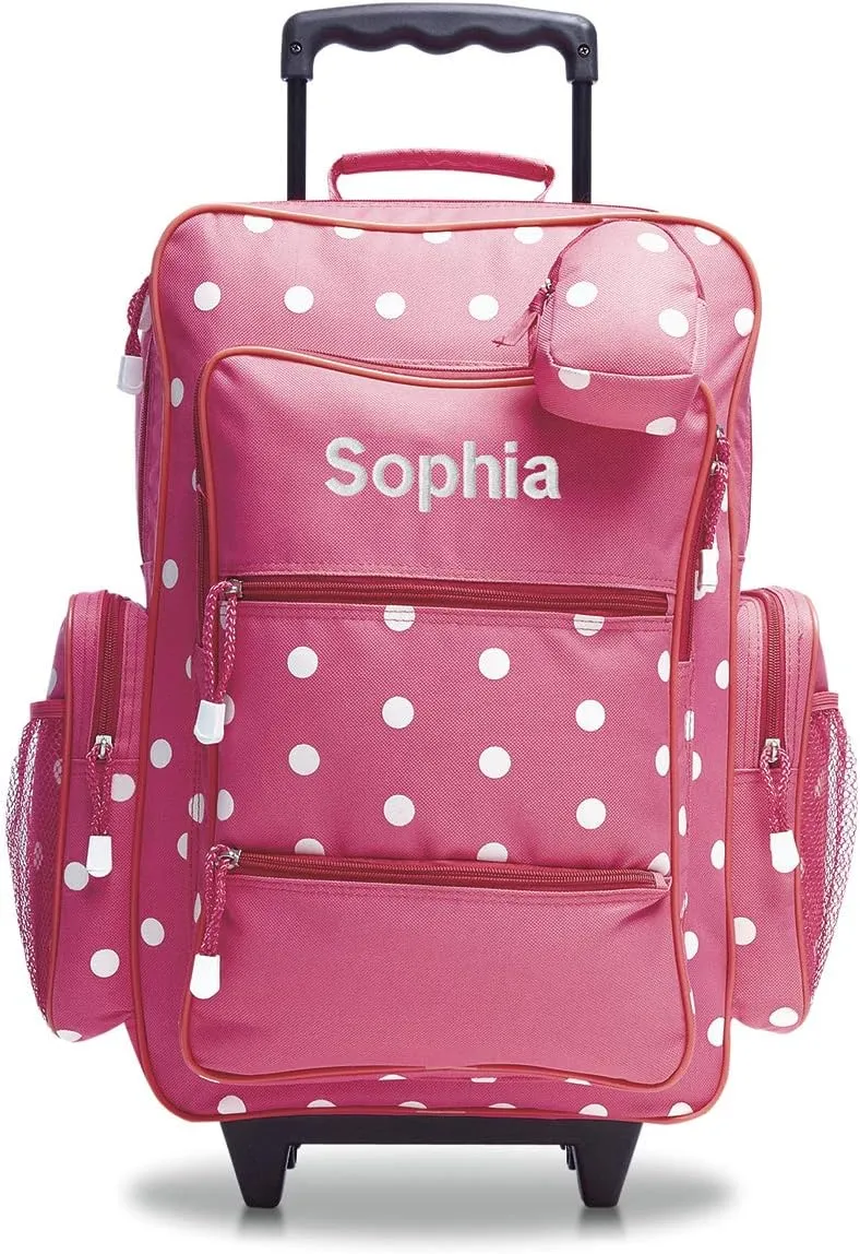 Lillian Vernon Personalized Rolling Luggage for Kids, 5-Pocket Pink Polka Dot Design Suitcase Set With Clip-On Pouch, Customizable Girls Travel Carrier on Wheels, 6" W x 15.5" L x 21" H