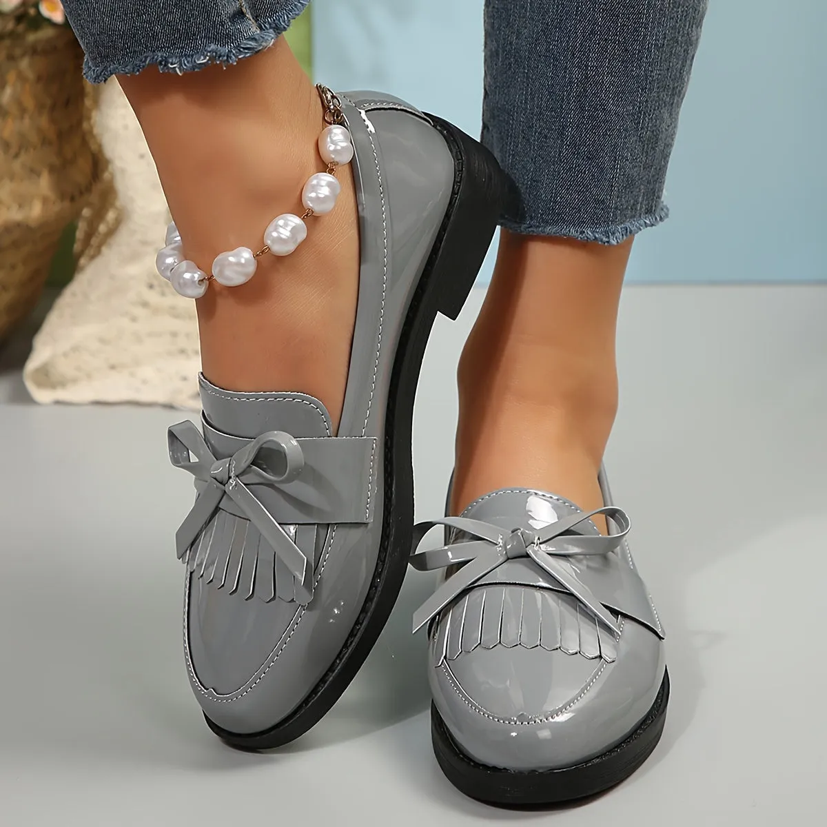 Loafer met kwastjes en strikjes, lage hak, vintage stijl slip-on oxford