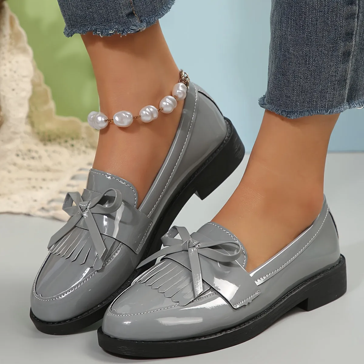 Loafer met kwastjes en strikjes, lage hak, vintage stijl slip-on oxford