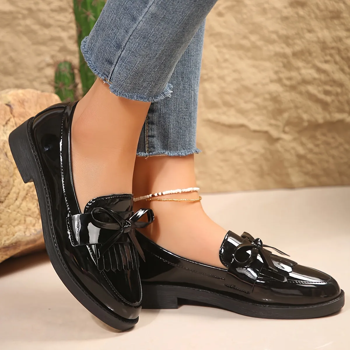 Loafer met kwastjes en strikjes, lage hak, vintage stijl slip-on oxford