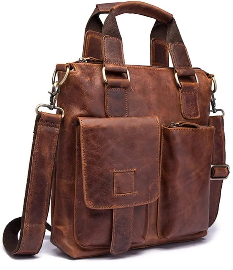 Men Leather Retro Business Briefcase Casual 12" Laptop Travel Bag Tote Attache Messenger Bag
