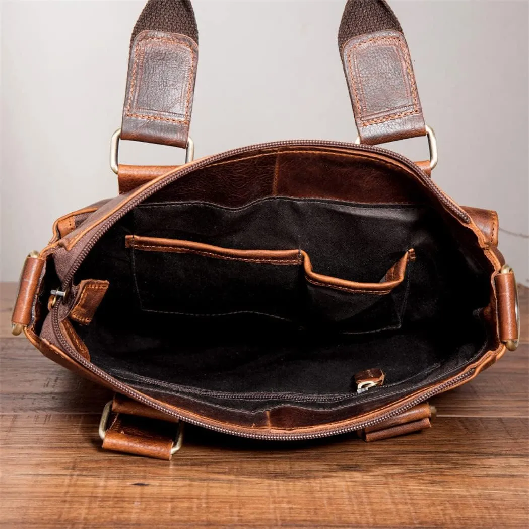 Men Leather Retro Business Briefcase Casual 12" Laptop Travel Bag Tote Attache Messenger Bag