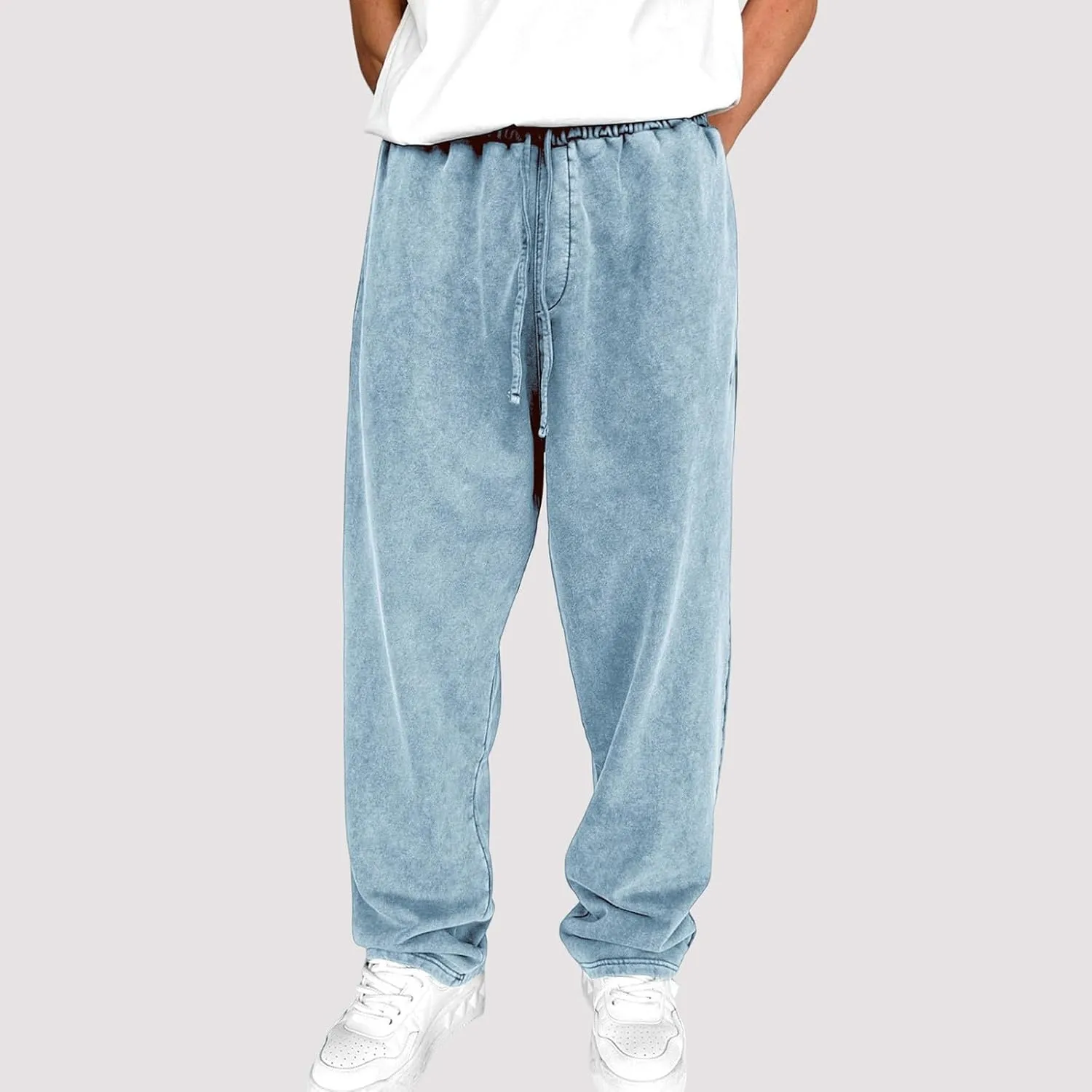 Mens Sweatpants Open Bottom Sasual Plain Vintage Trousers Outdoor Trendy Drawstring Loose Fit Pants with Pockets